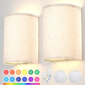 Wall Lights Set of 2, Battery Operated Fabric Sconce With Remote, RGB+Warm White