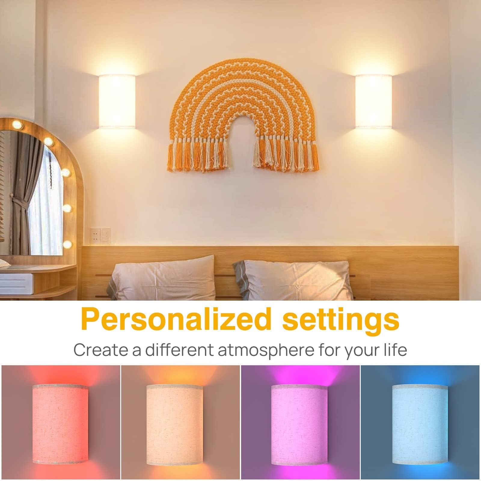 Wall Lights Set of 2, Battery Operated Fabric Sconce With Remote, RGB+Warm White - Image 2