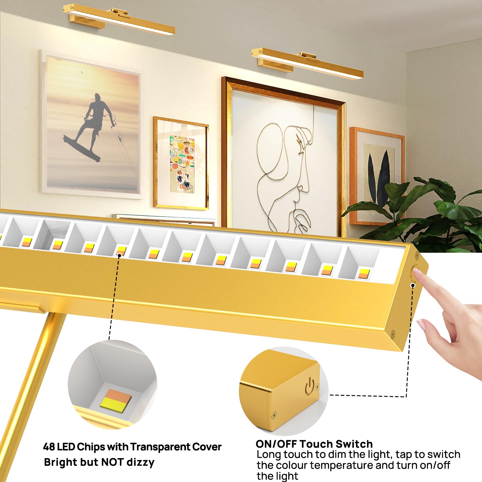 Picture Lights for Wall, Wireless Rechargeable Dimmable and 3 Colour Temps, Gold - Image 4